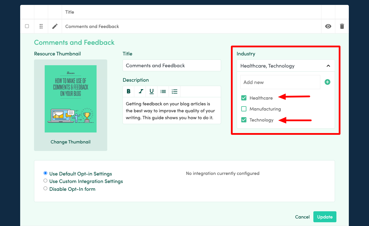 Select multiple industries from the drop-down list.